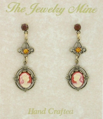 Carnelian-Tone Cameo Filigree Drop Earrings